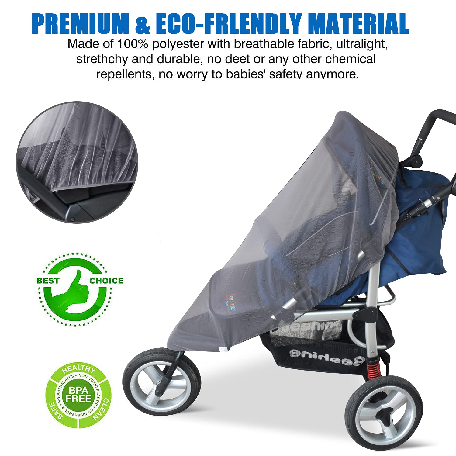 Wanateber grey stroller net full-coverage shields baby from bugs and sun glare.