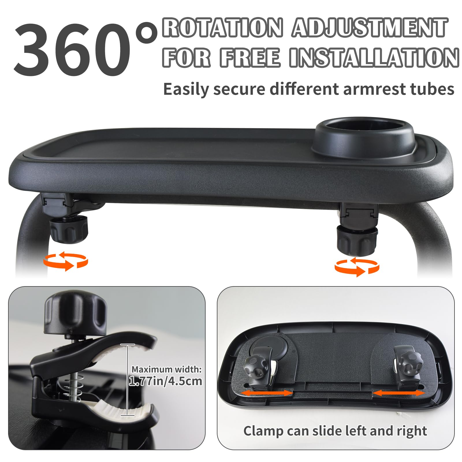 Wanateber snack tray cup holder close-up demonstrates secure bottle fit and spill prevention.