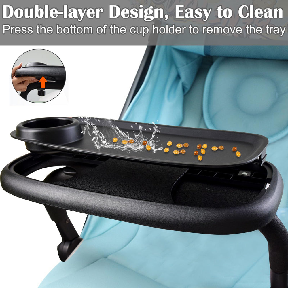 Wanateber universal snack tray side view shows tool-free installation with clip buckles.