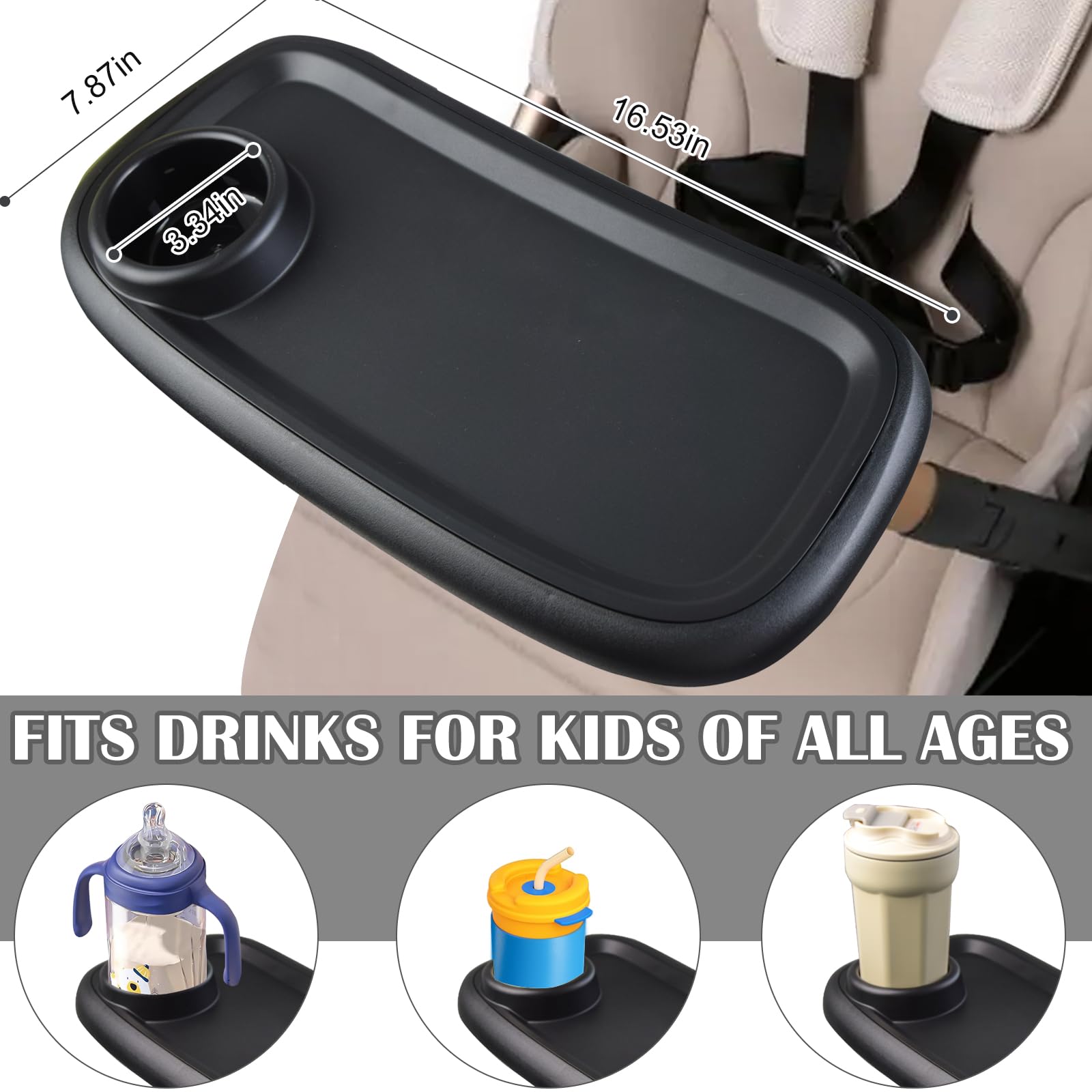Wanateber universal tray attached to bumper bar demonstrates broad stroller compatibility.