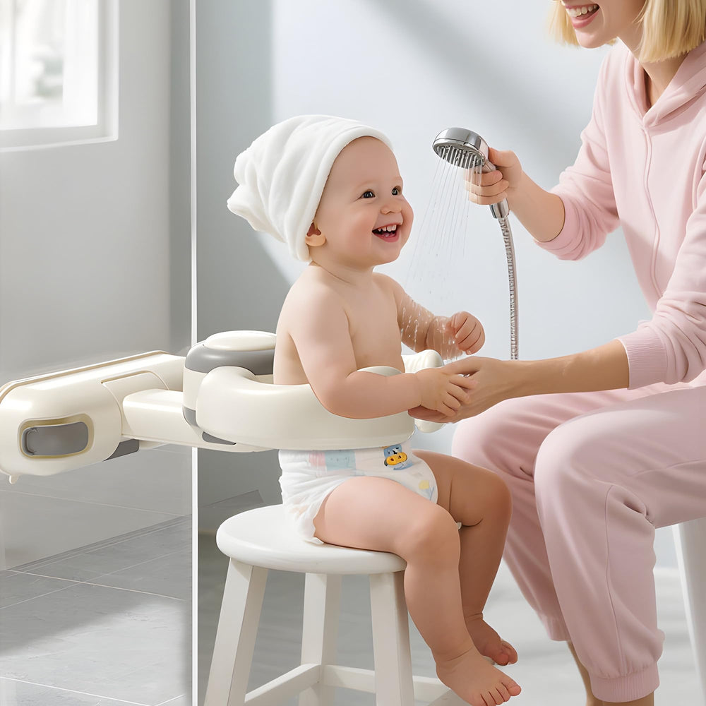 Wanchouse adjustable baby bath stand shown on glass with suction cups for secure setup