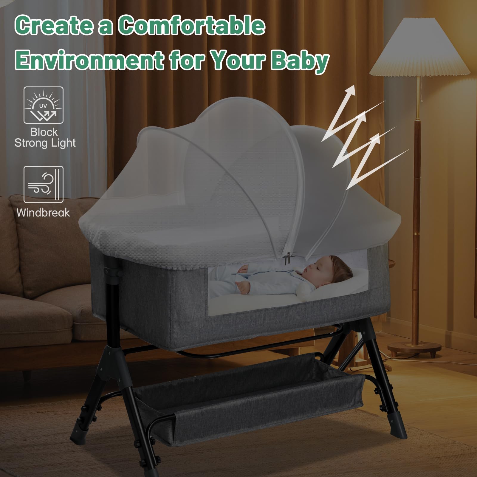 WANRU bassinet cover gray with two-way zip for easy checks