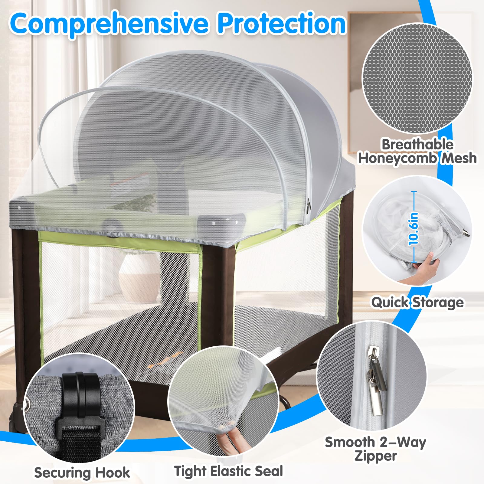 WANRU Bassinet Cover Two-Way Zipper enables quick access without disturbing baby.
