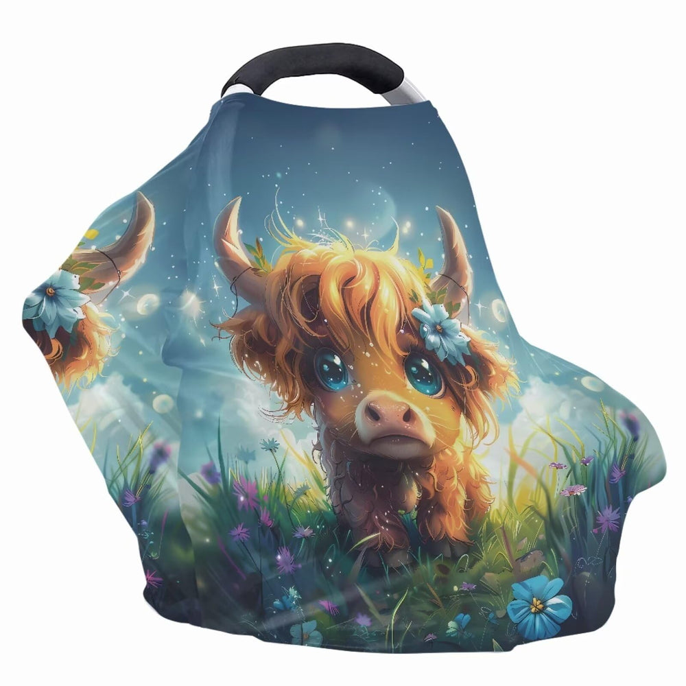 Wanyint Highland Cow car seat canopy protecting baby while you move.