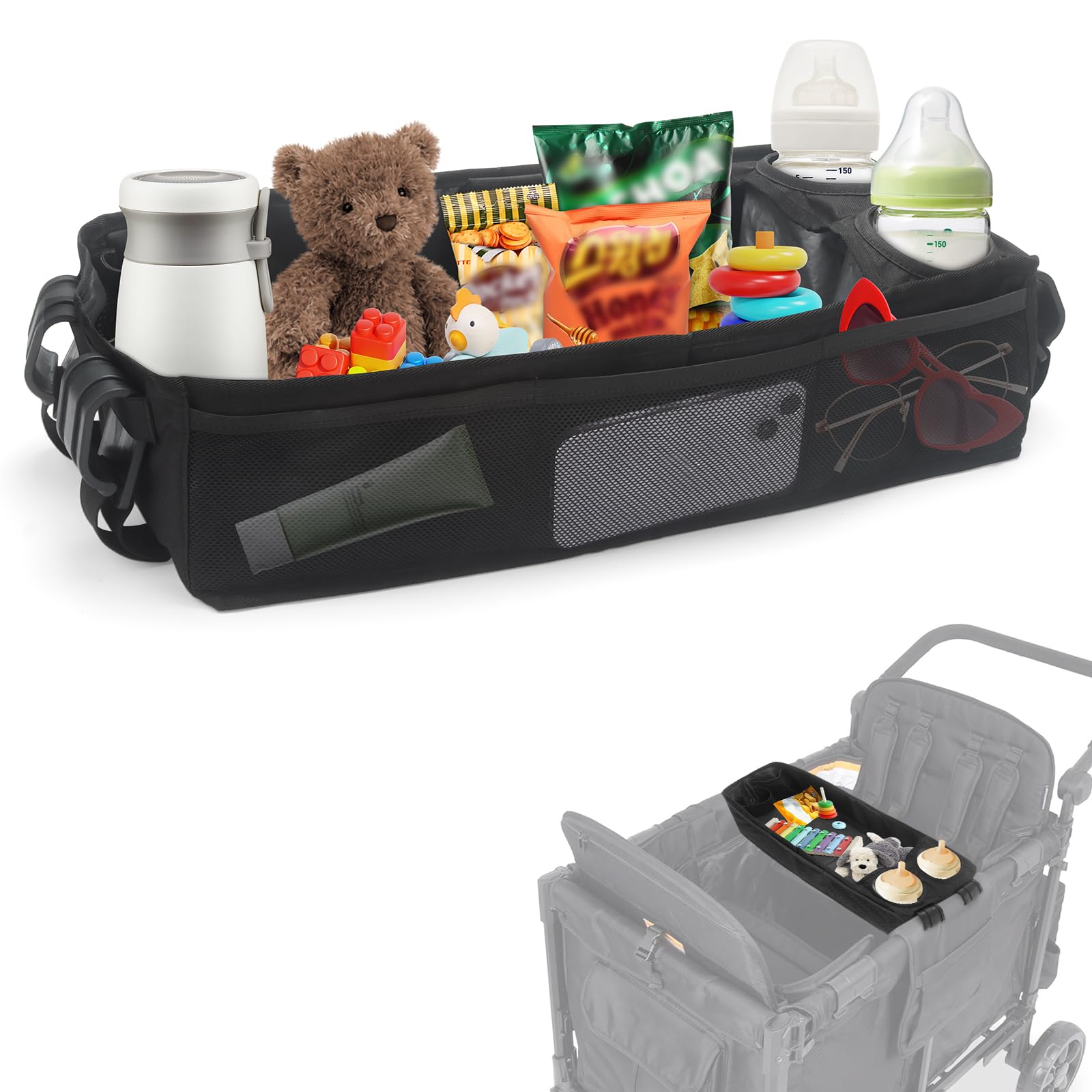 Wanyshapy W4 snack tray attaches securely to stroller for stable use