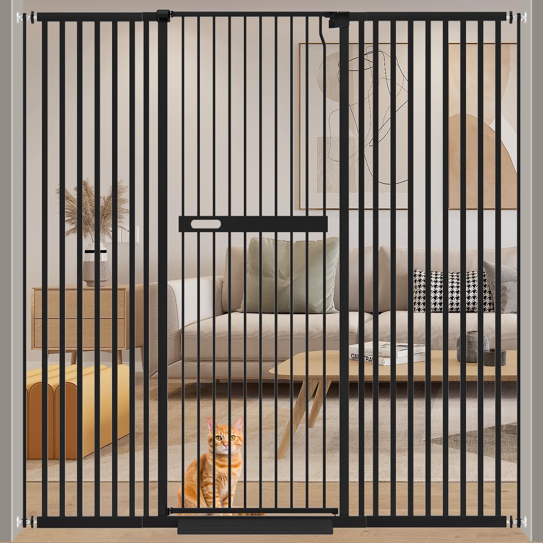 WAOWAO 71in extra tall cat gate closed for hallway safety and pet containment.