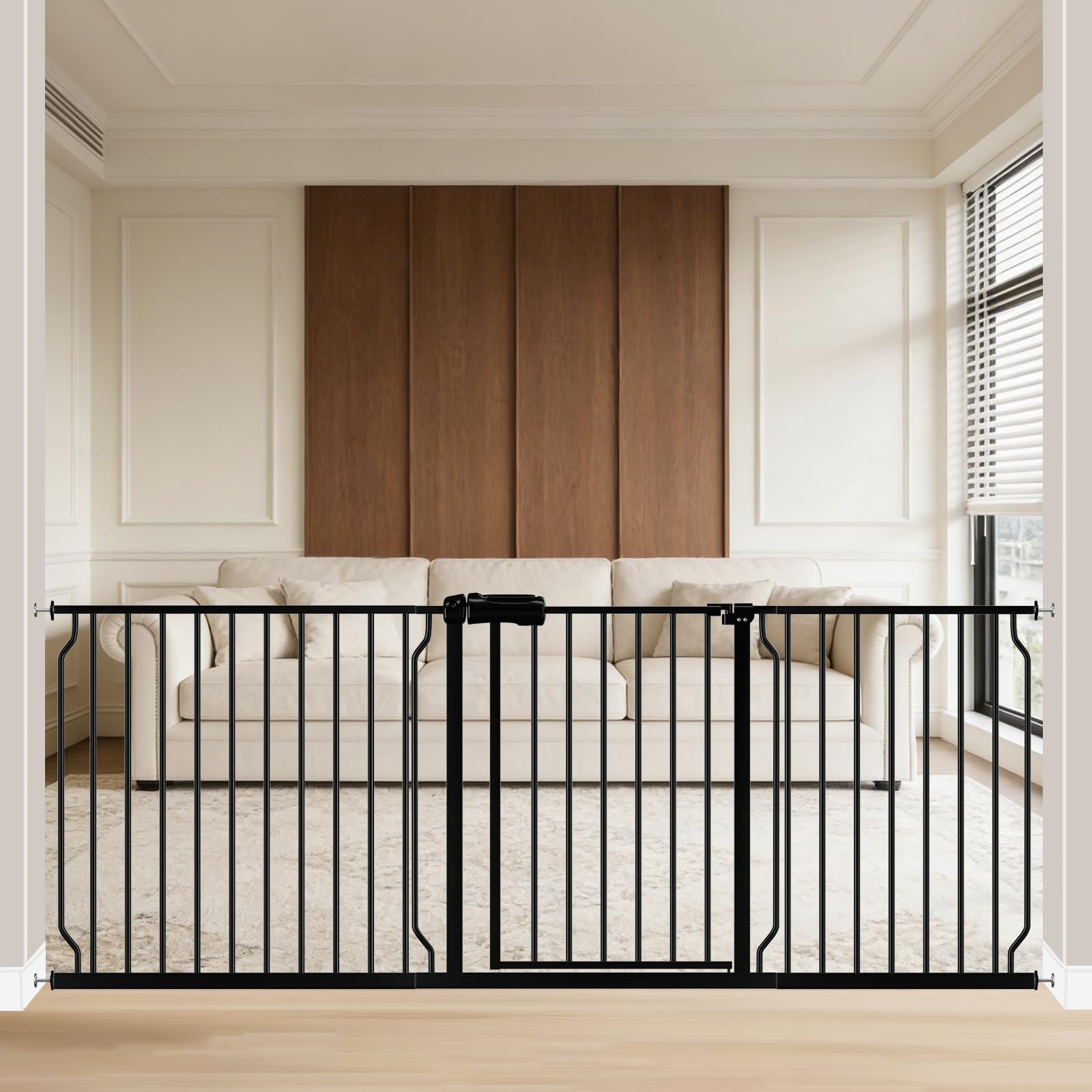 WAOWAO baby gate shows full-width design for wide openings, ideal for stairs and doorways.