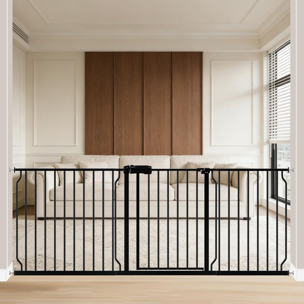 WAOWAO baby gate shows full-width design for wide openings, ideal for stairs and doorways.