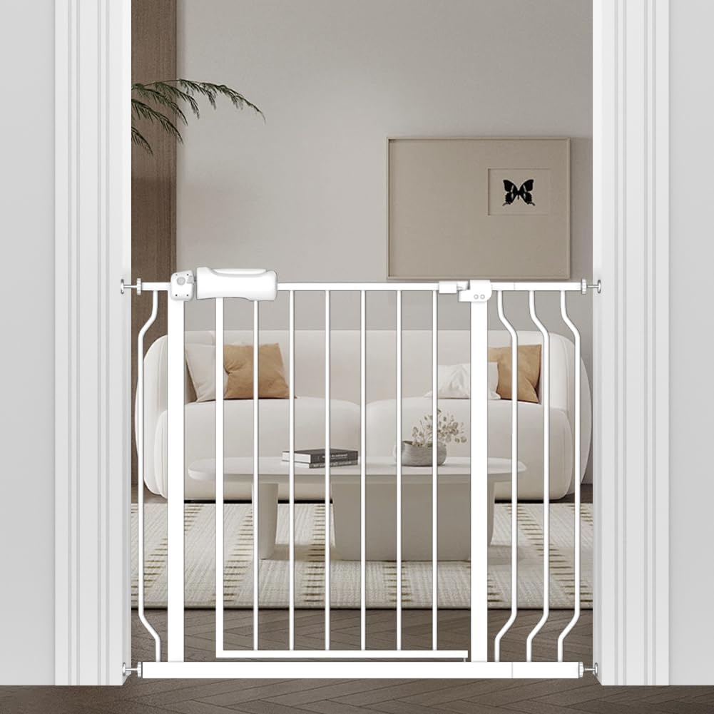 WAOWAO baby gate walk-through door closed shows safe, one-handed operation for parents and kids.