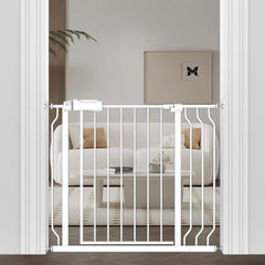 WAOWAO baby gate walk-through door closed shows safe, one-handed operation for parents and kids.