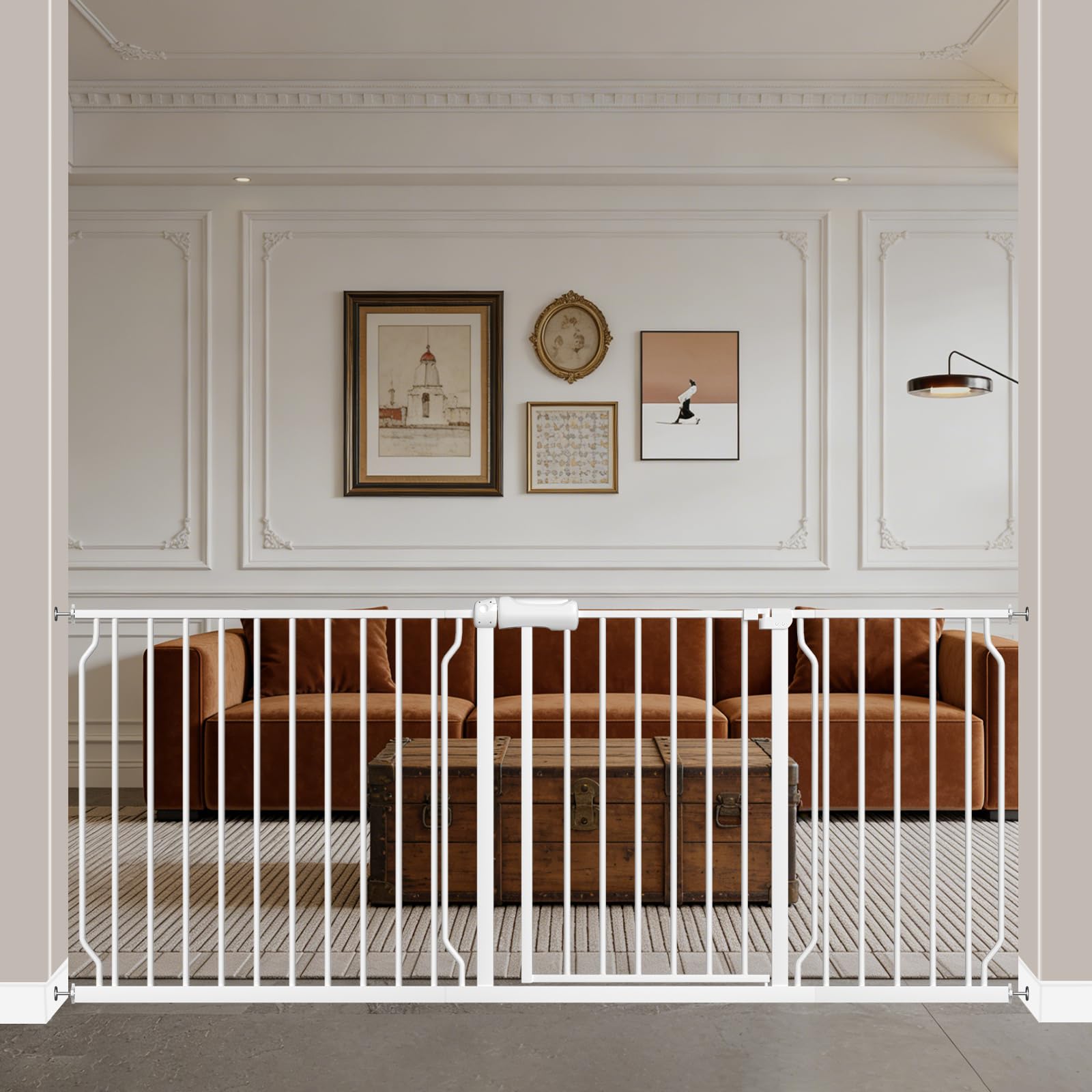 WAOWAO baby gate walk-through opening shows easy one-handed passage for busy parents.