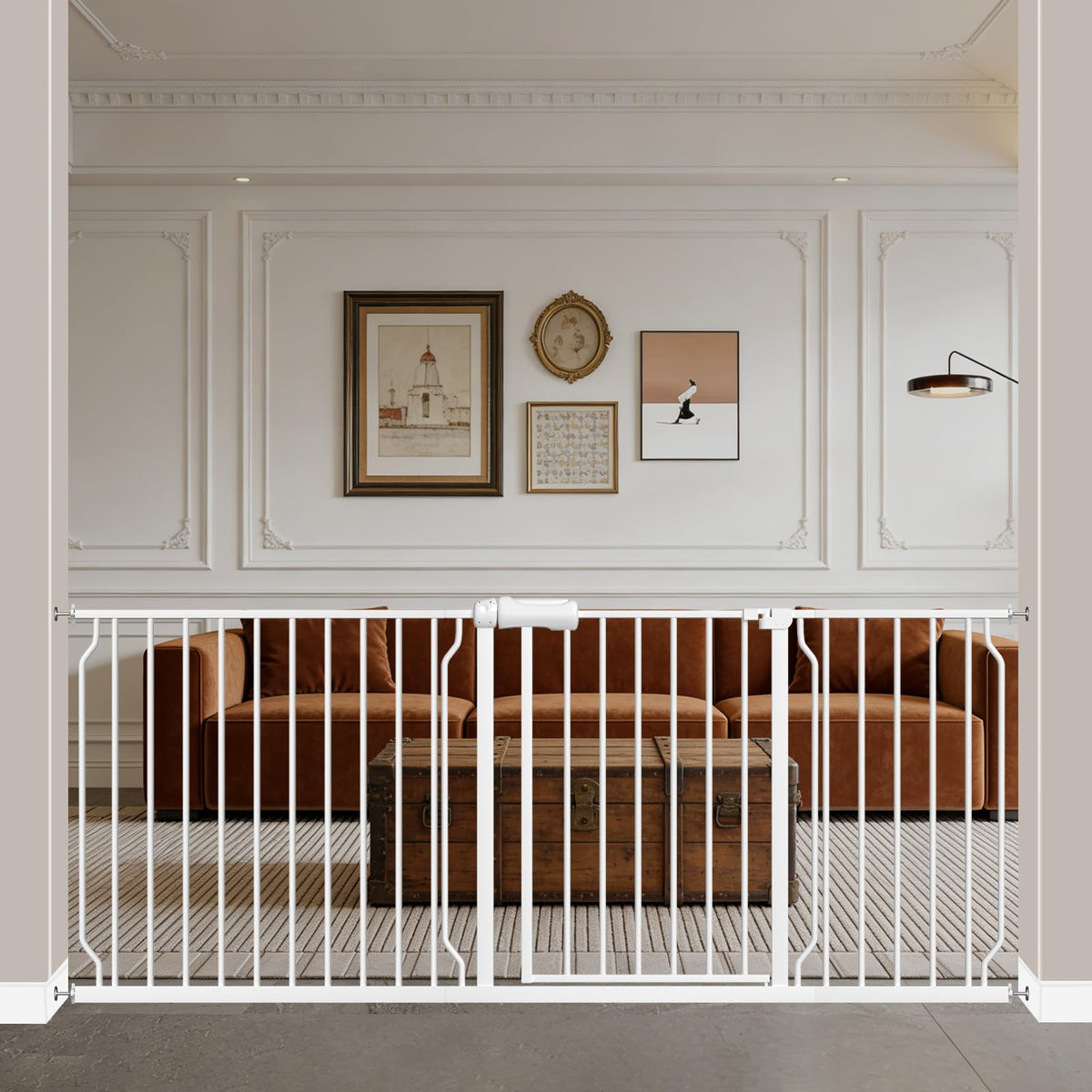 WAOWAO baby gate walk-through opening shows easy one-handed passage for busy parents.