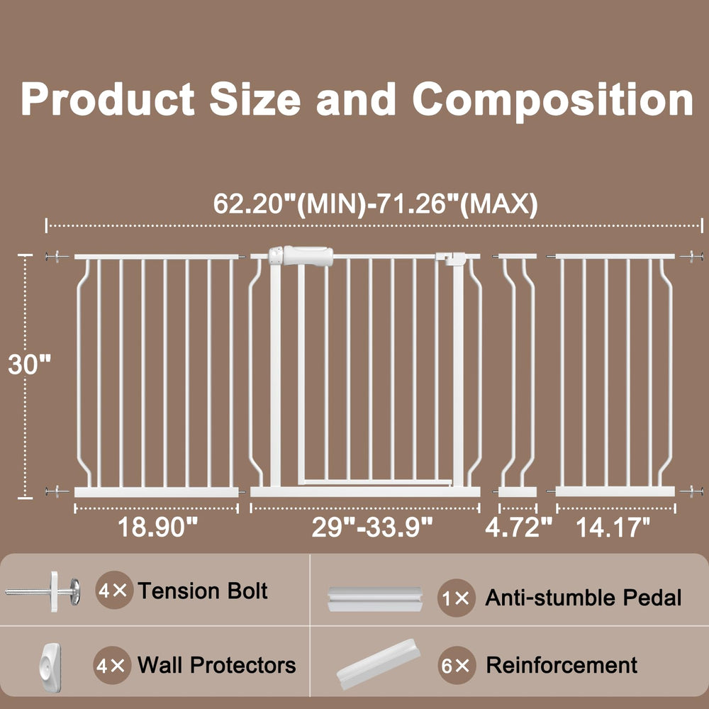 WAOWAO baby gate white steel closeup highlights sleek finish and sturdy build.
