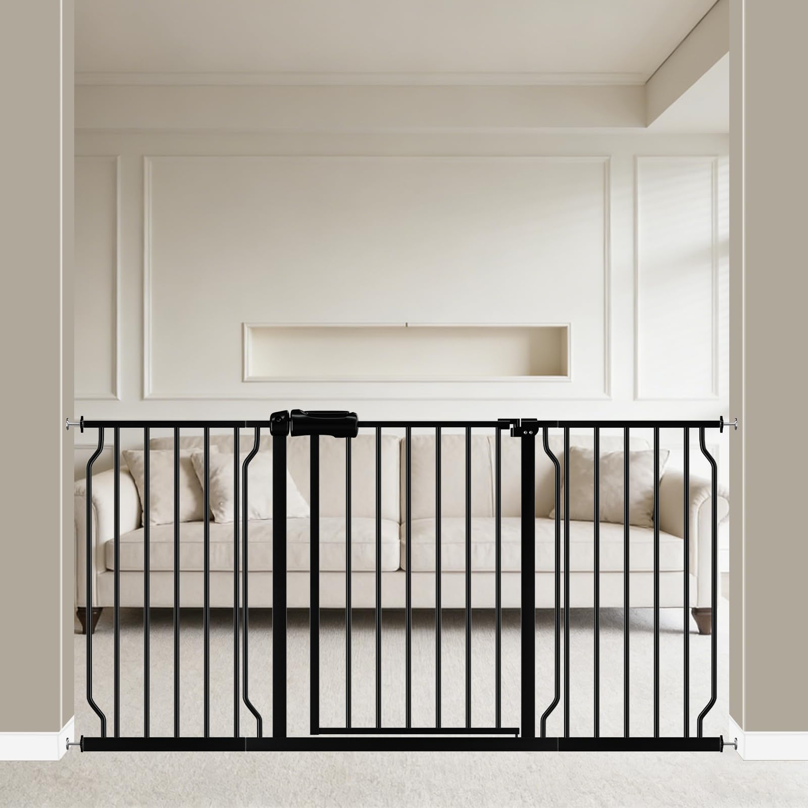 WAOWAO baby gate in a wide doorway showing easy one-handed passage