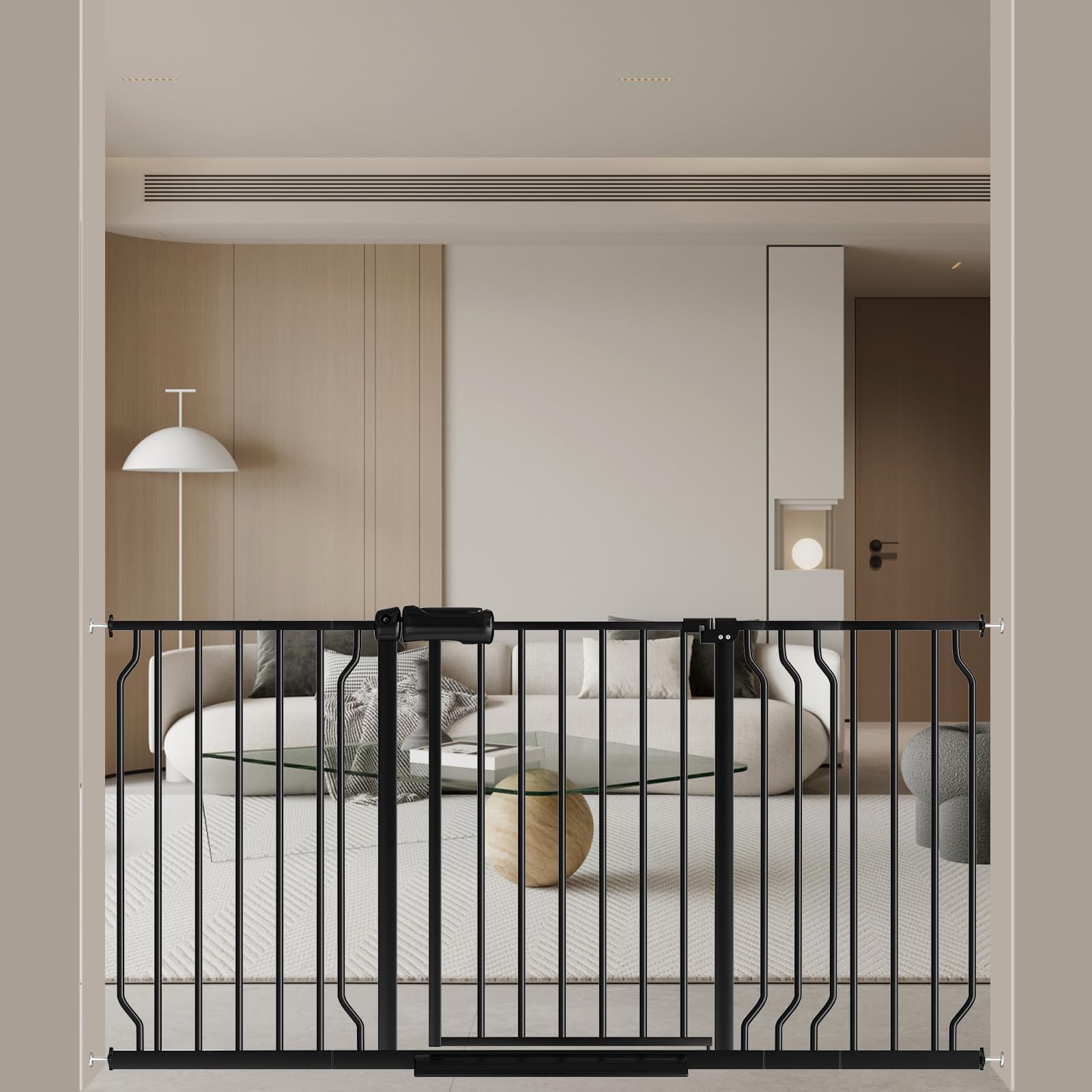 WAOWAO baby gate wide front view highlights sturdy steel construction for reliable pet and child containment.