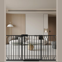 WAOWAO baby gate wide front view highlights sturdy steel construction for reliable pet and child containment.