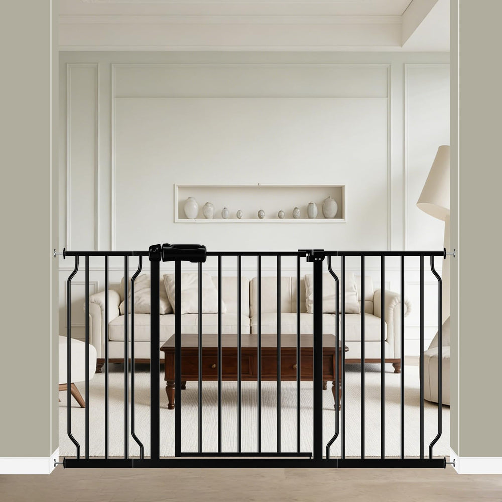 WAOWAO baby gate wide-rail black shows sturdy steel for safe containment