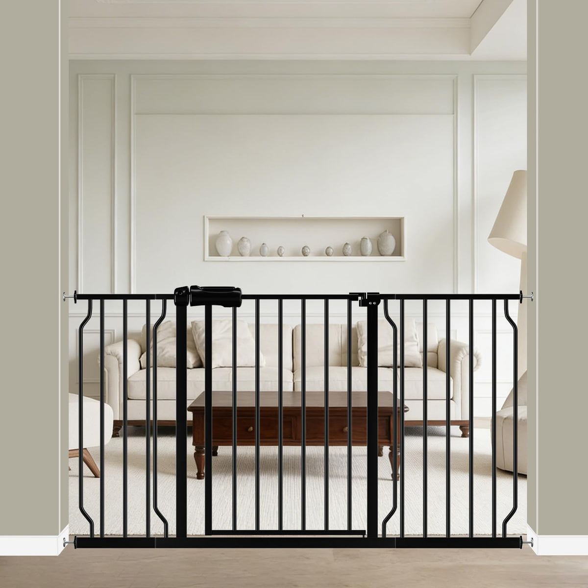 WAOWAO baby gate wide-rail black shows sturdy steel for safe containment