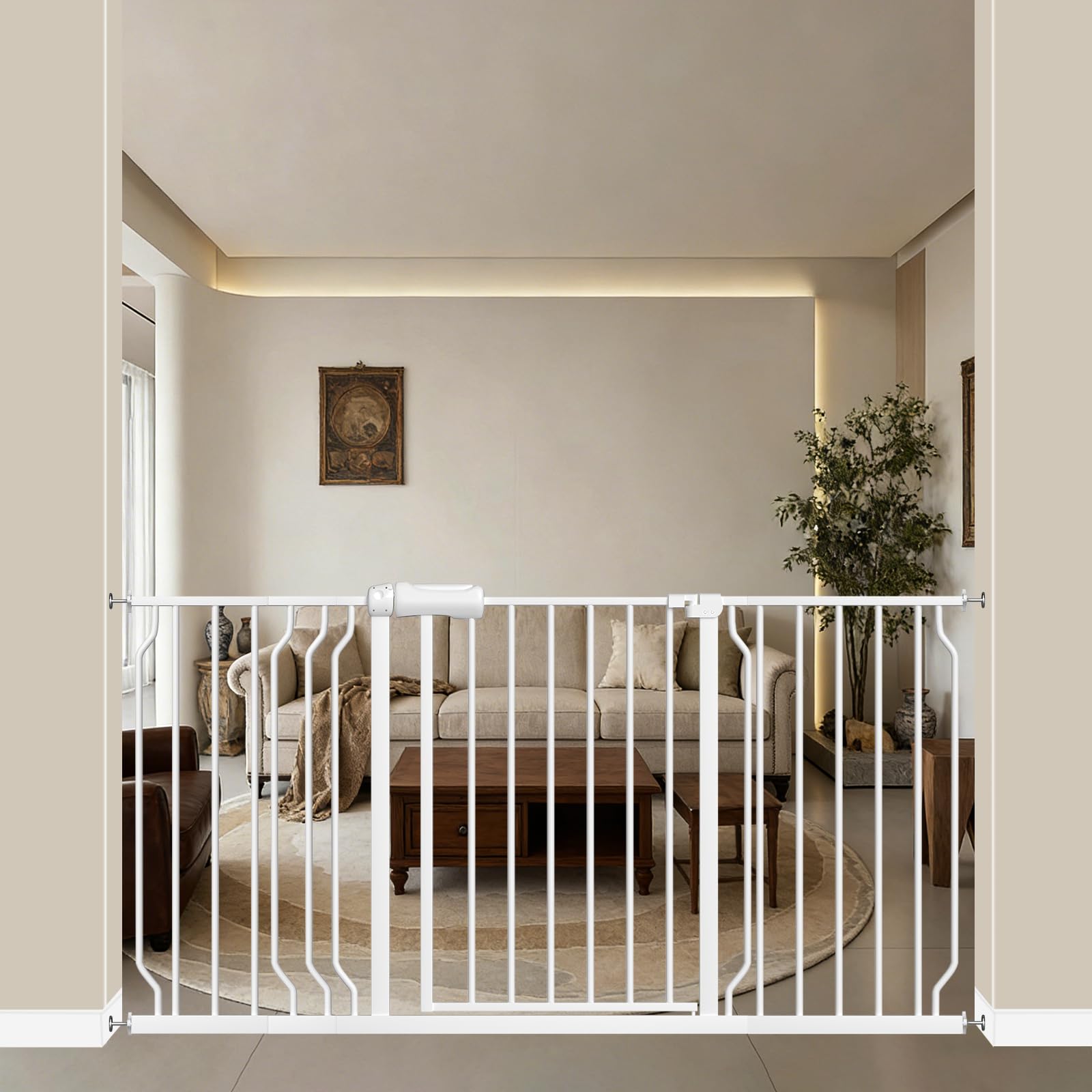 WAOWAO baby gate wide walk-through closed, securing doorways for pets and kids.