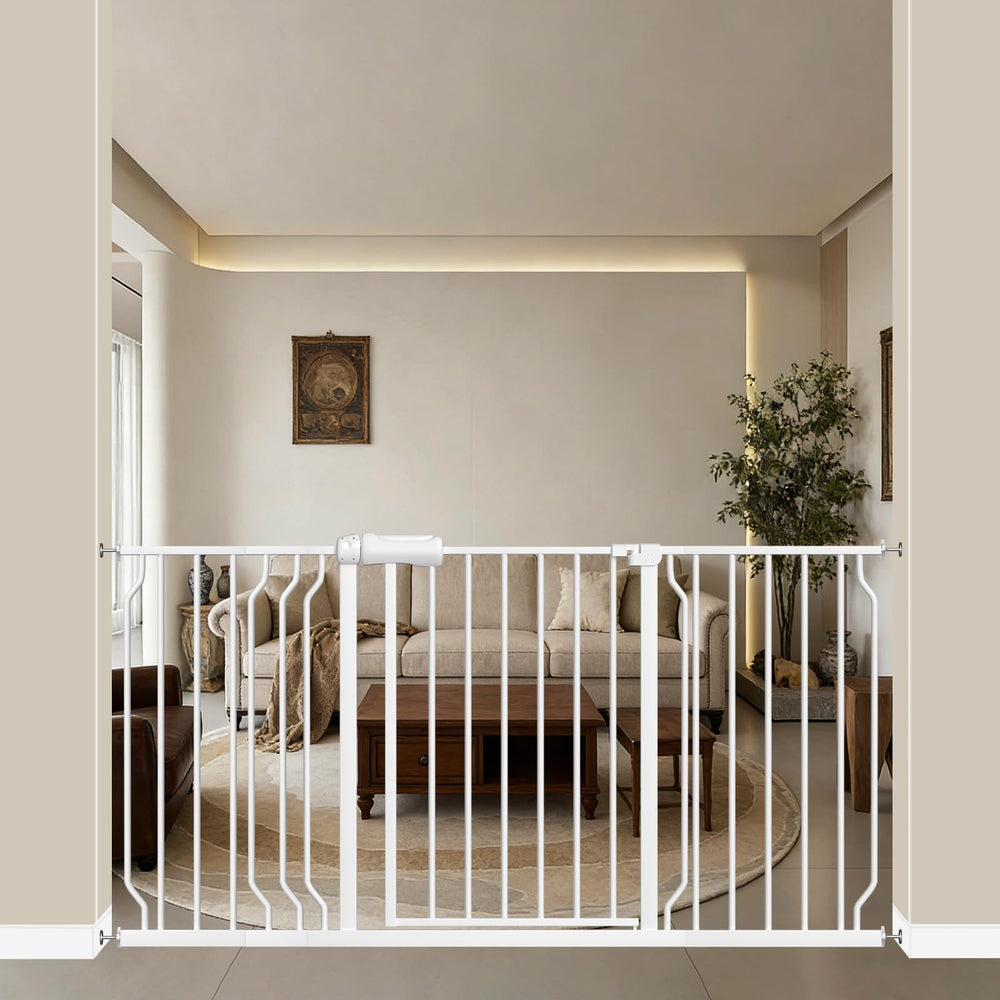 WAOWAO baby gate wide walk-through closed, securing doorways for pets and kids.