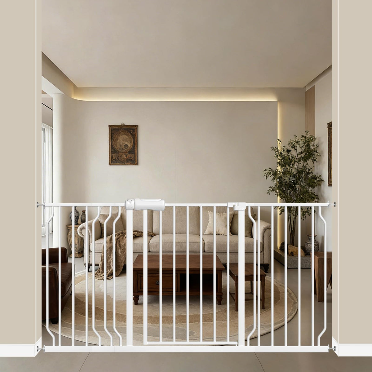 WAOWAO baby gate wide walk-through closed, securing doorways for pets and kids.