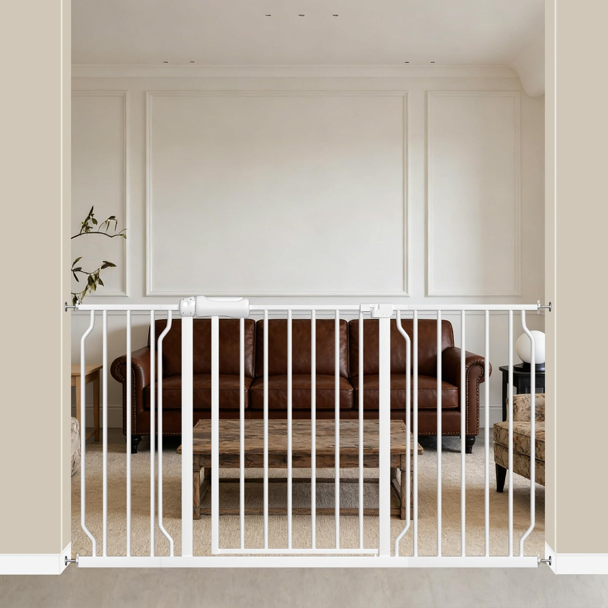 WAOWAO baby gate walk-through in wide doorway showing easy two-way passage for kids and pets.
