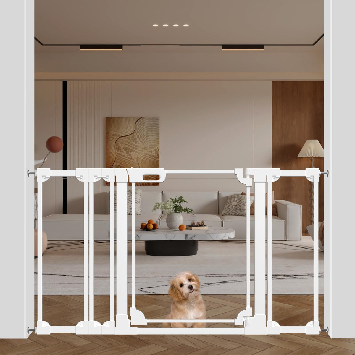 WAOWAO clear acrylic baby gate handle close-up shows one-handed operation and secure lock