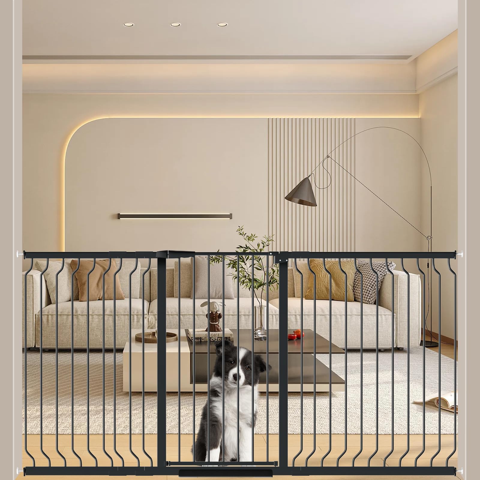 WAOWAO extra tall baby gate extended width demonstrates adjustable fit for stairs and doorways, secure containment.
