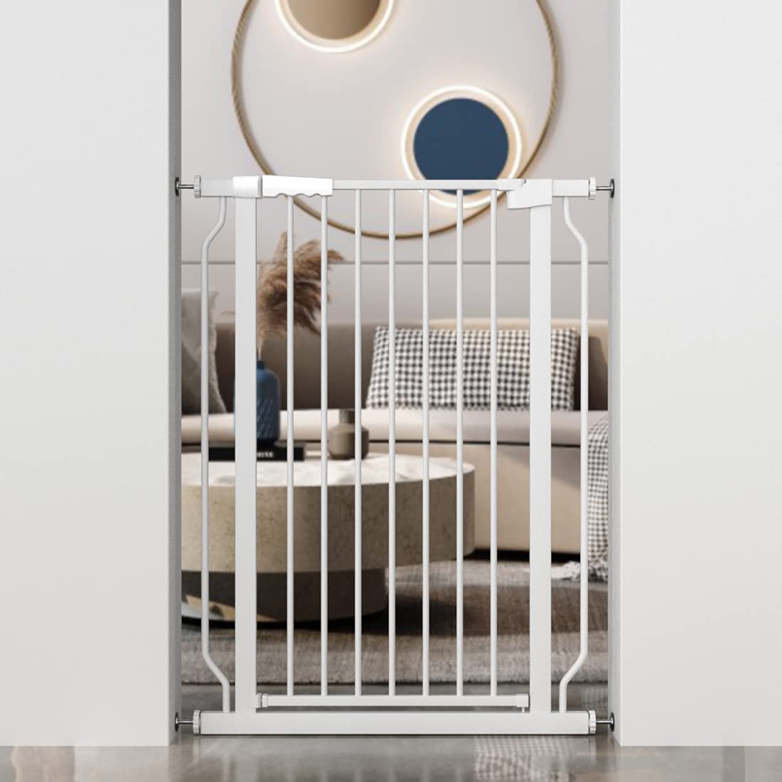 WAOWAO extra tall gate shows 180-degree opening for easy hands-free passage.
