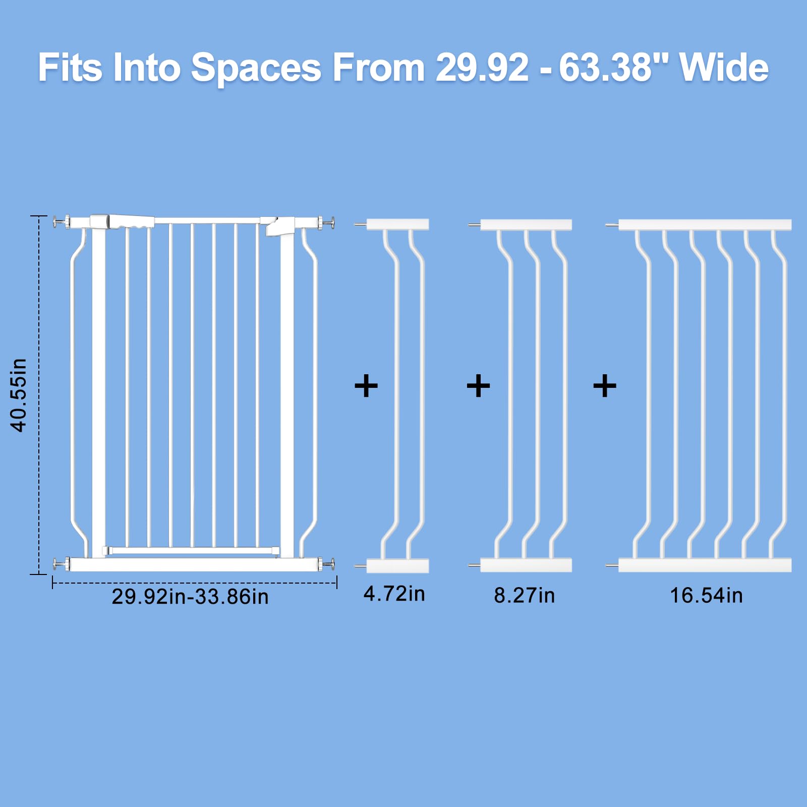 WAOWAO gate illustrates adjustable width from 29.53 to 76.77 inches.