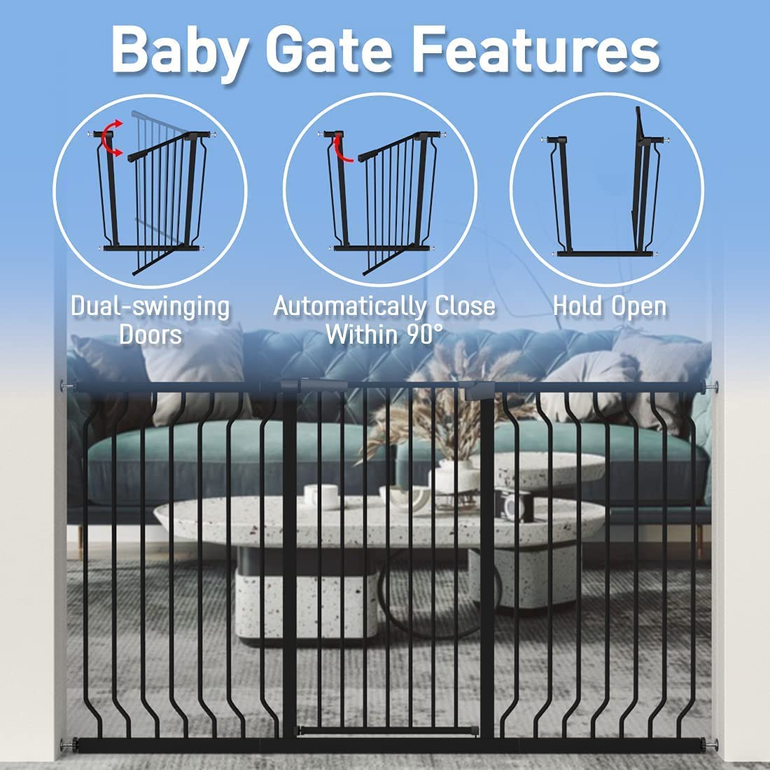 WAOWAO extra tall gate open in walk-through mode for easy adult access