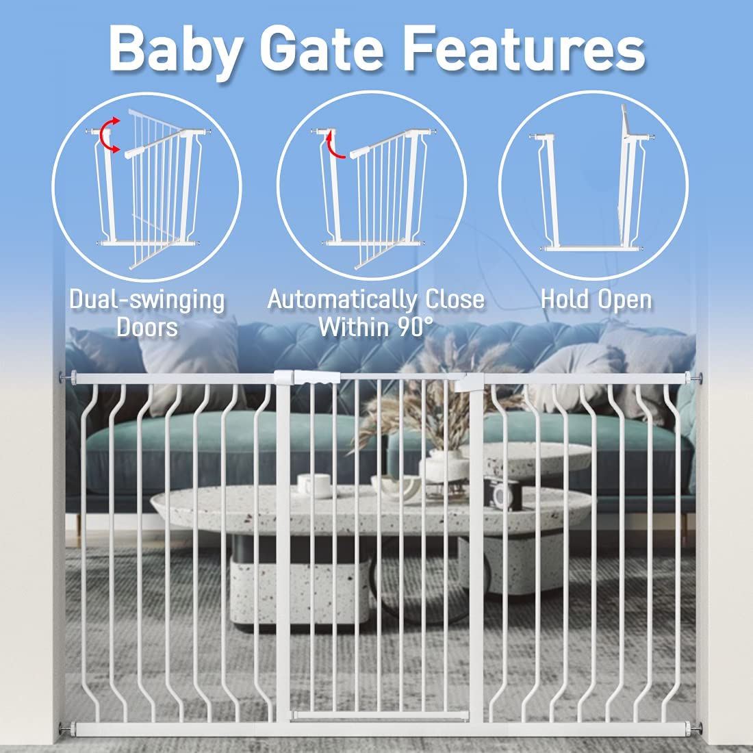 WAOWAO gate close-up shows durable double-carbon steel frame and safety features.