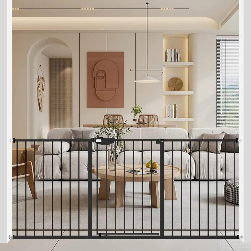 WAOWAO triple-lock baby gate system showing dual top buttons and peanut locks for safe access.