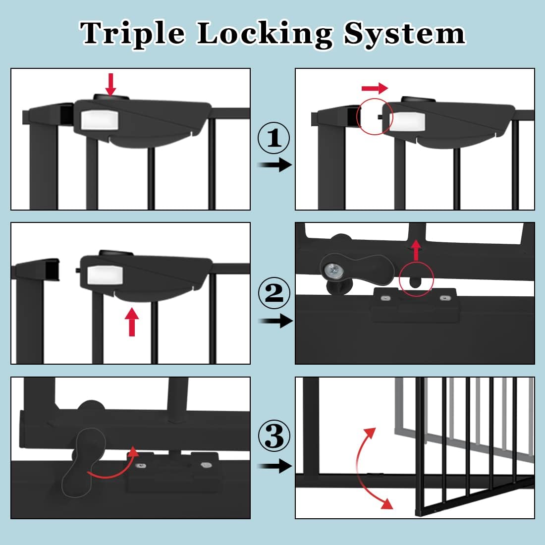 WAOWAO triple lock gate bottom peanut locks show directional control for doorways.