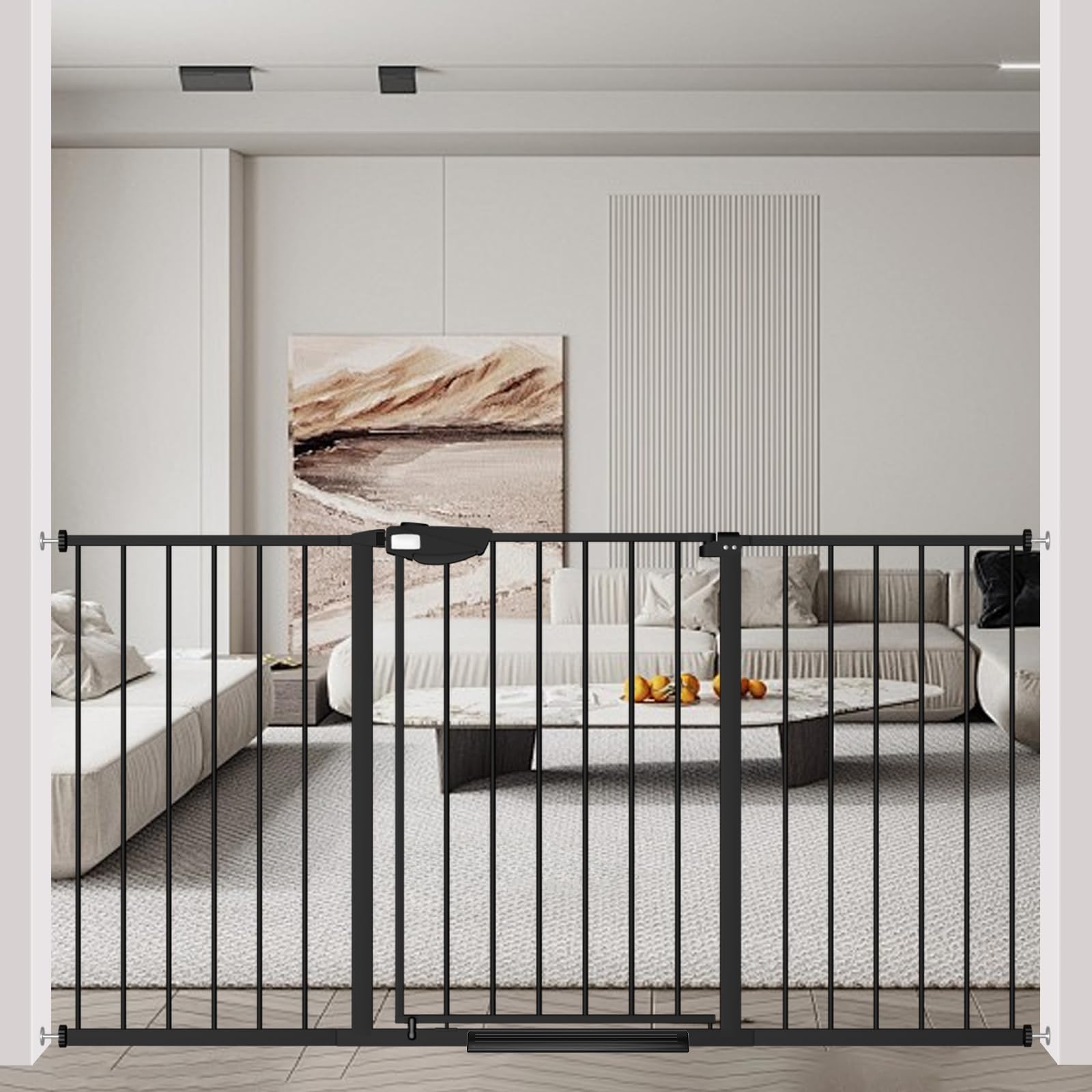 WAOWAO triple lock gate side view demonstrates a sturdy steel frame for pets.
