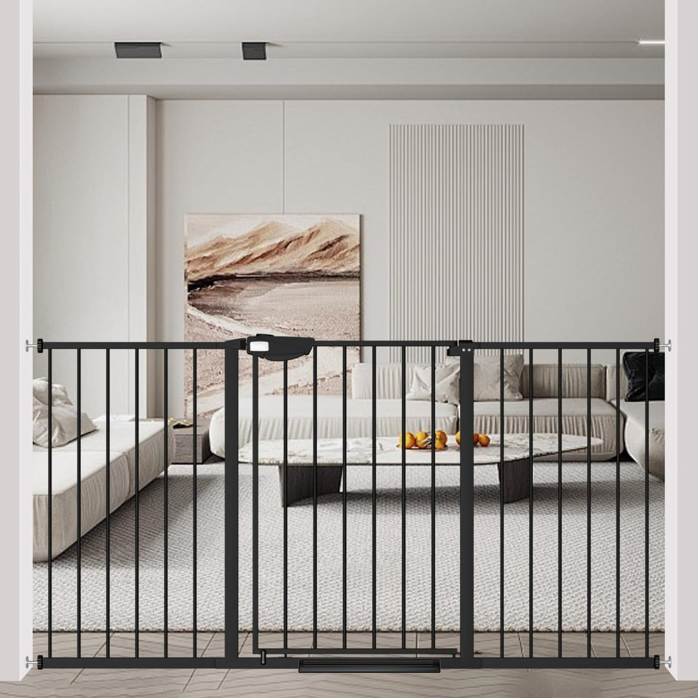 WAOWAO triple lock gate side view demonstrates a sturdy steel frame for pets.