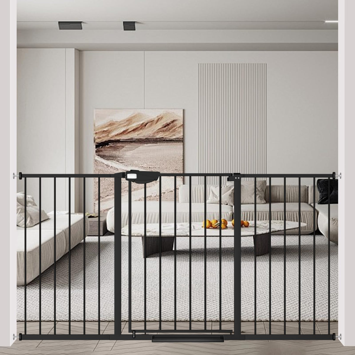 WAOWAO triple lock gate side view demonstrates a sturdy steel frame for pets.