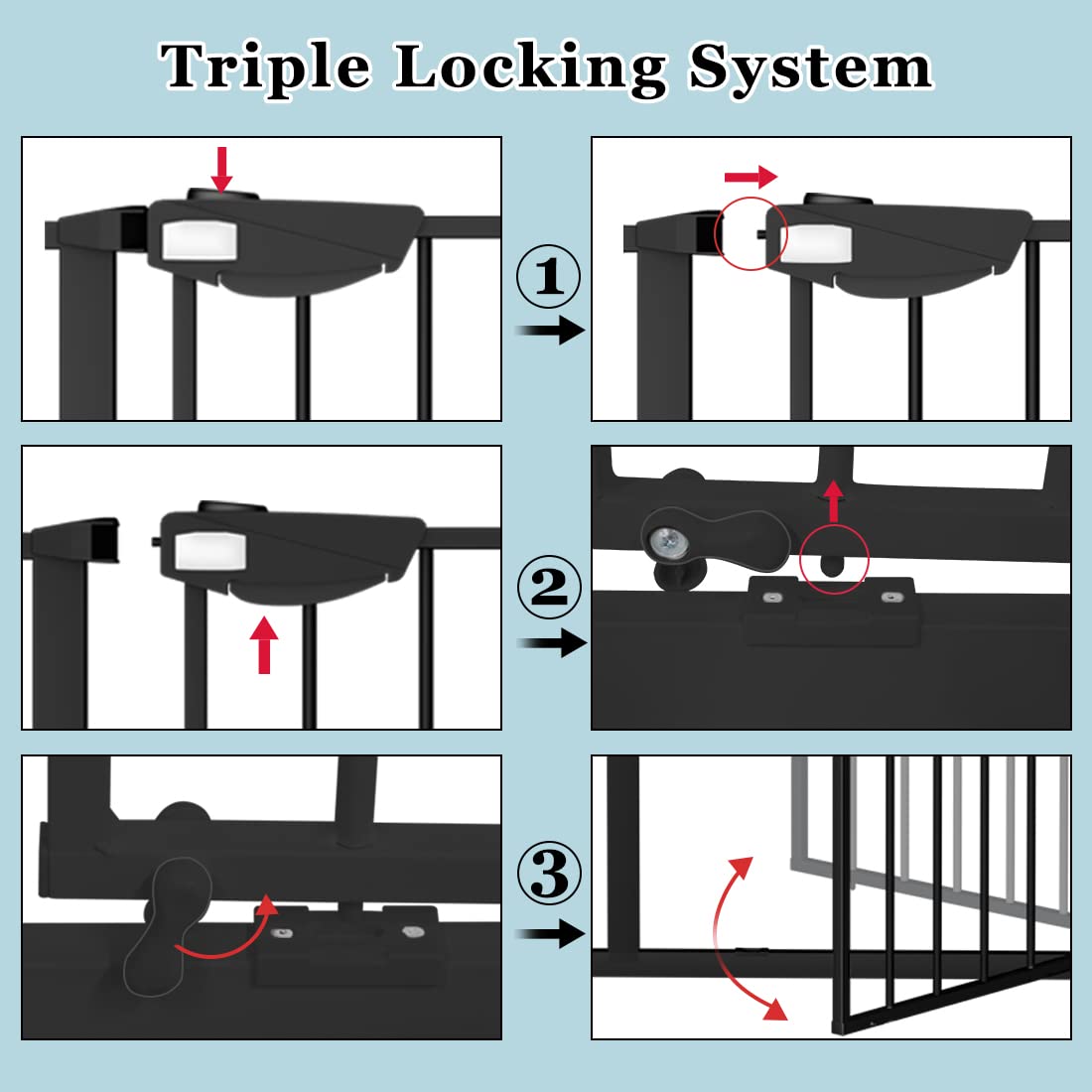 WAOWAO gate top-button locks show dual safety controls for adults