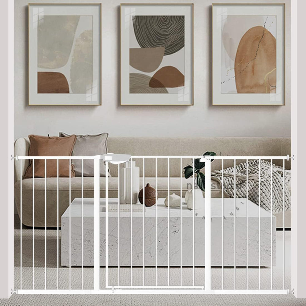 WAOWAO triple-lock gate in white metal, wide for stairs safety.