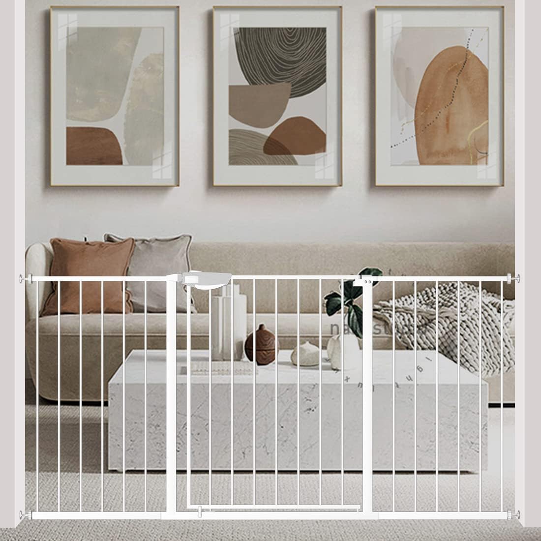 WAOWAO triple-lock gate in white metal, wide for stairs safety.
