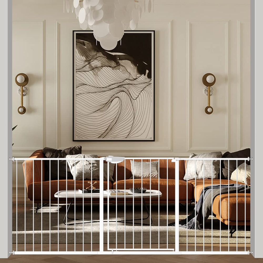 WAOWAO triple lock gate wide view demonstrates adjustable width for stairs and doorways.