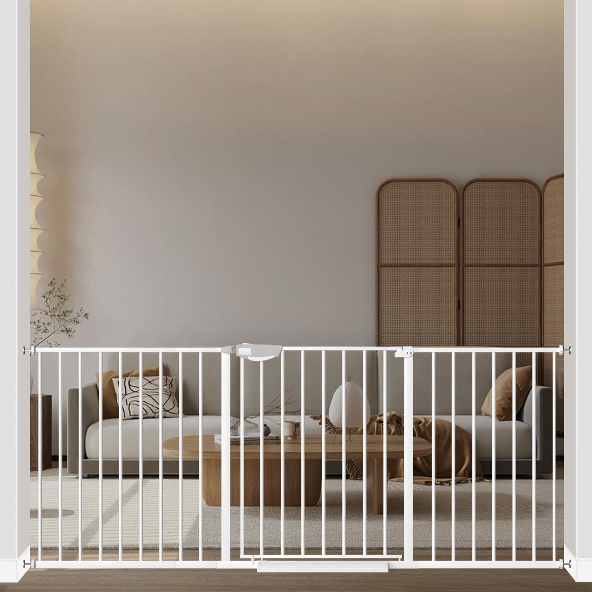 WAOWAO triple lock gate wide front view shows sturdy safety for doorways and stairs.