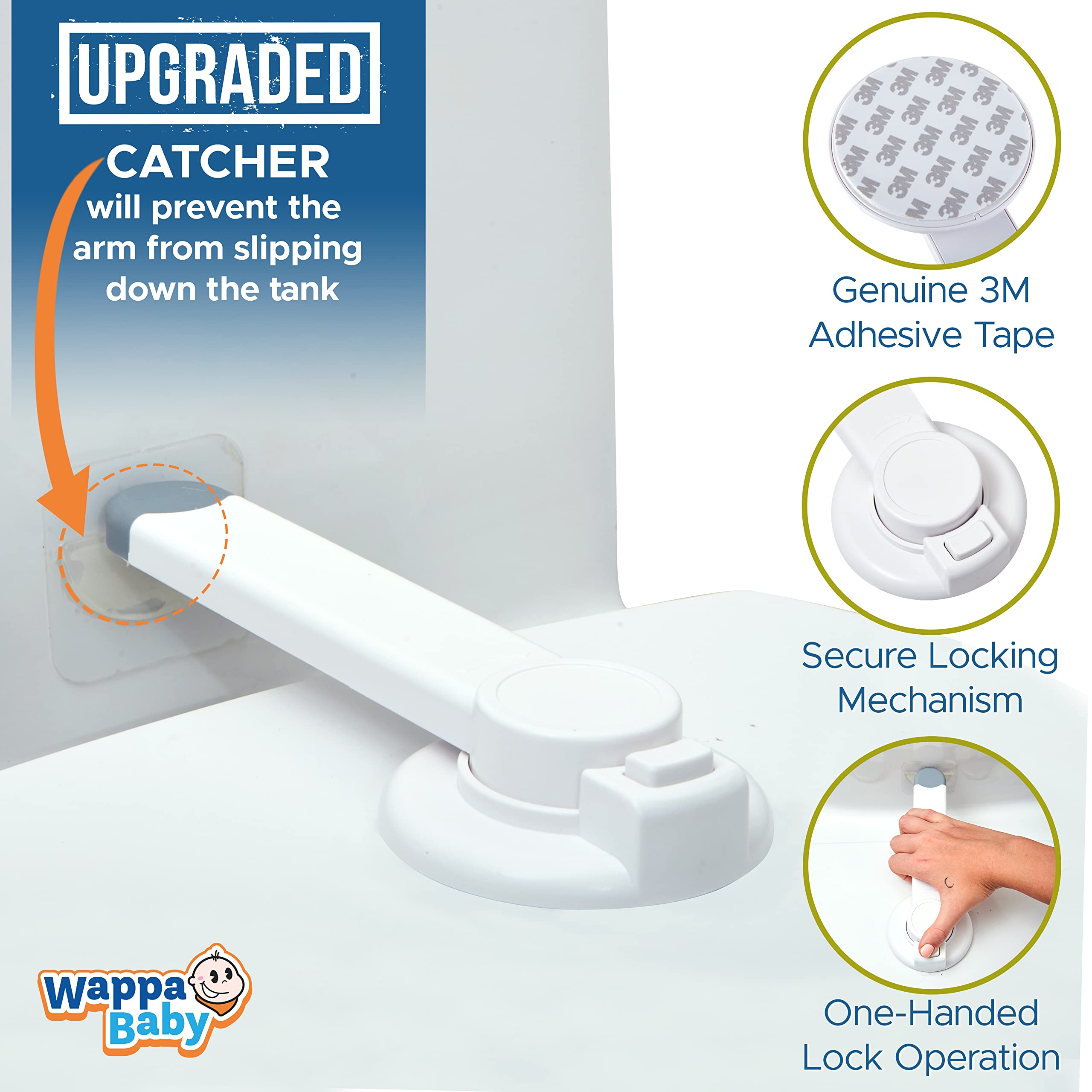 Wappa Baby Toilet Lock flat lid required image highlights adhesion guideline.
