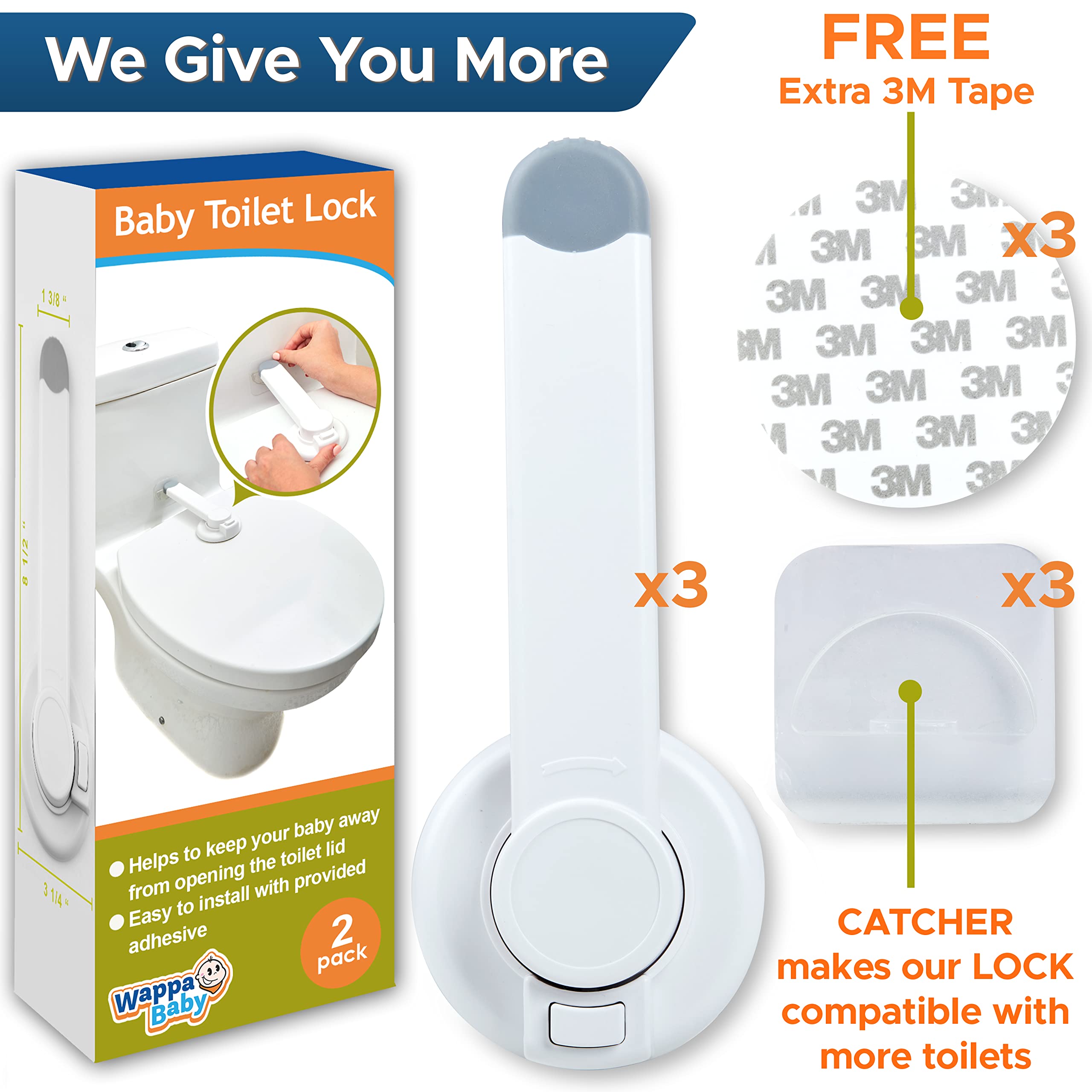 Wappa Baby Toilet Lock one-handed operation shown on a standard toilet.