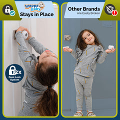 Wappa Baby dual-lock closeup shows extra security against curious fingers on doorknob.