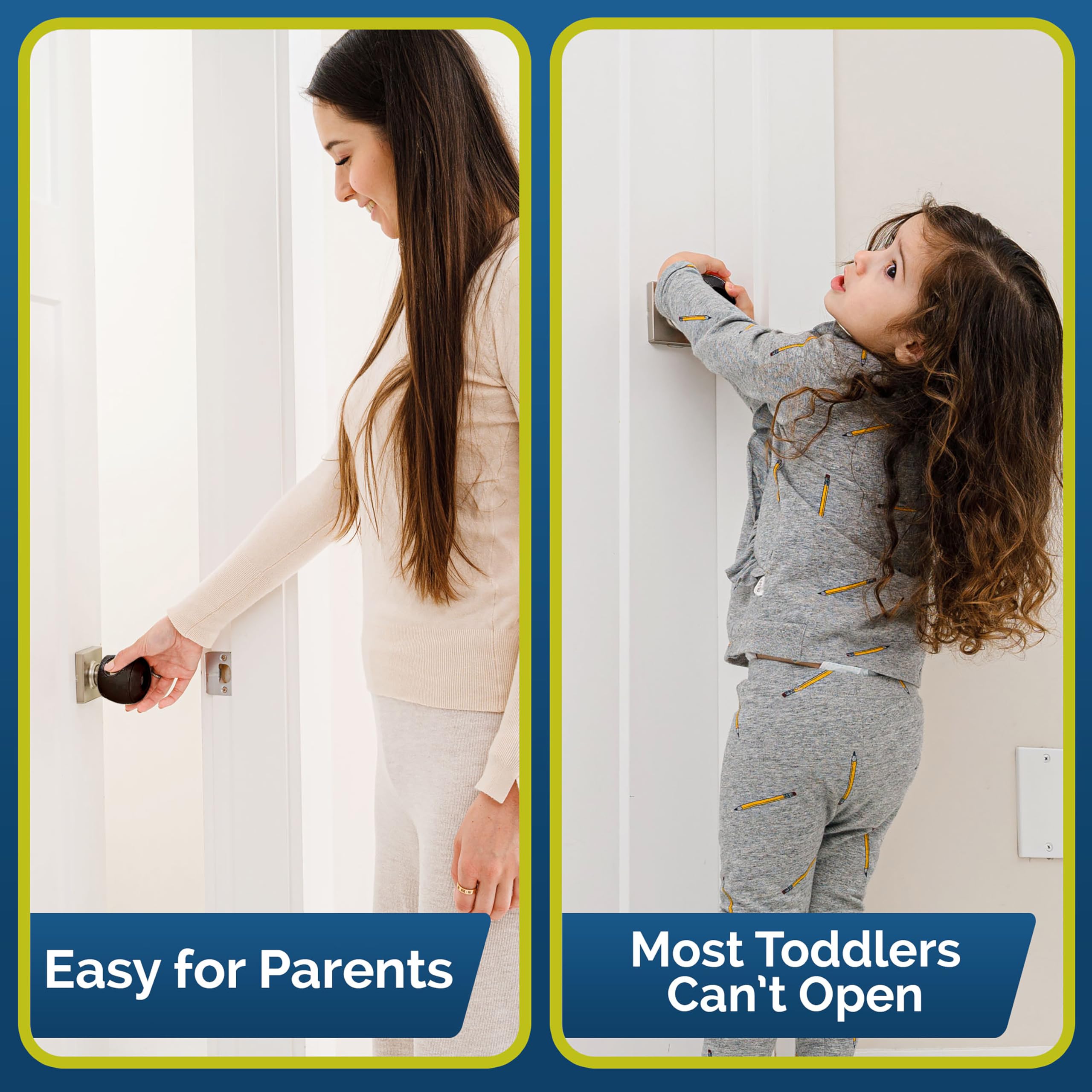 Bedroom, kitchen, and nursery scenes show practical door knob coverage.