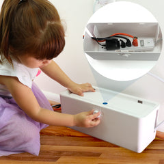 Wappa Baby power strip cover box main view demonstrates dual lock for safer play areas.
