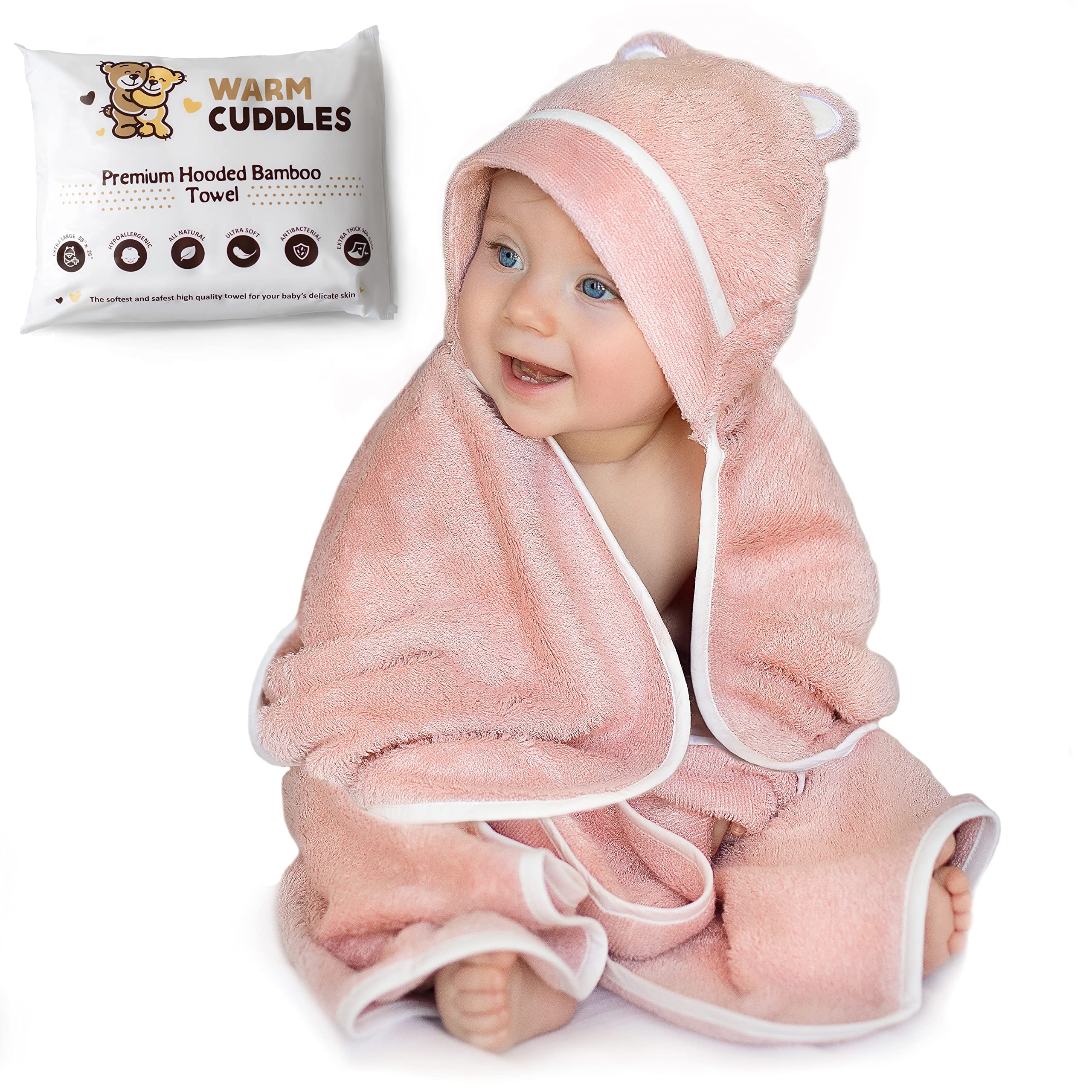 Warm Cuddles bamboo hooded towel pink closeup showcases ultra-soft texture for gentle newborn skin