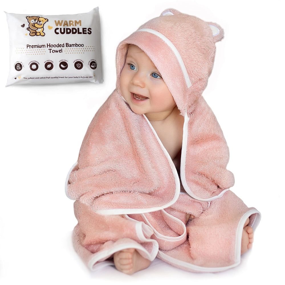 Warm Cuddles bamboo hooded towel pink closeup showcases ultra-soft texture for gentle newborn skin