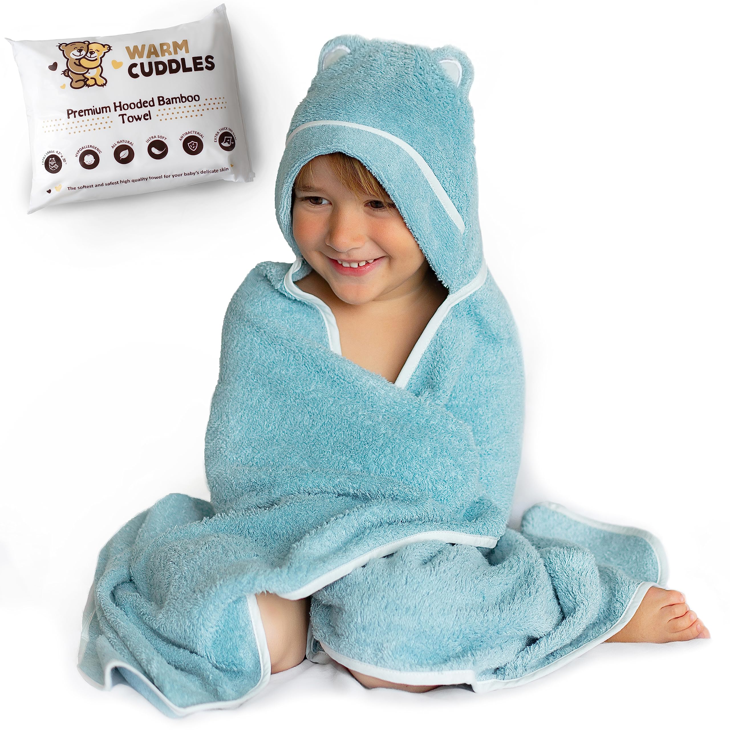 Warm Cuddles toddler towel hood blue front view highlights ultra-soft bamboo fabric for gentle drying.